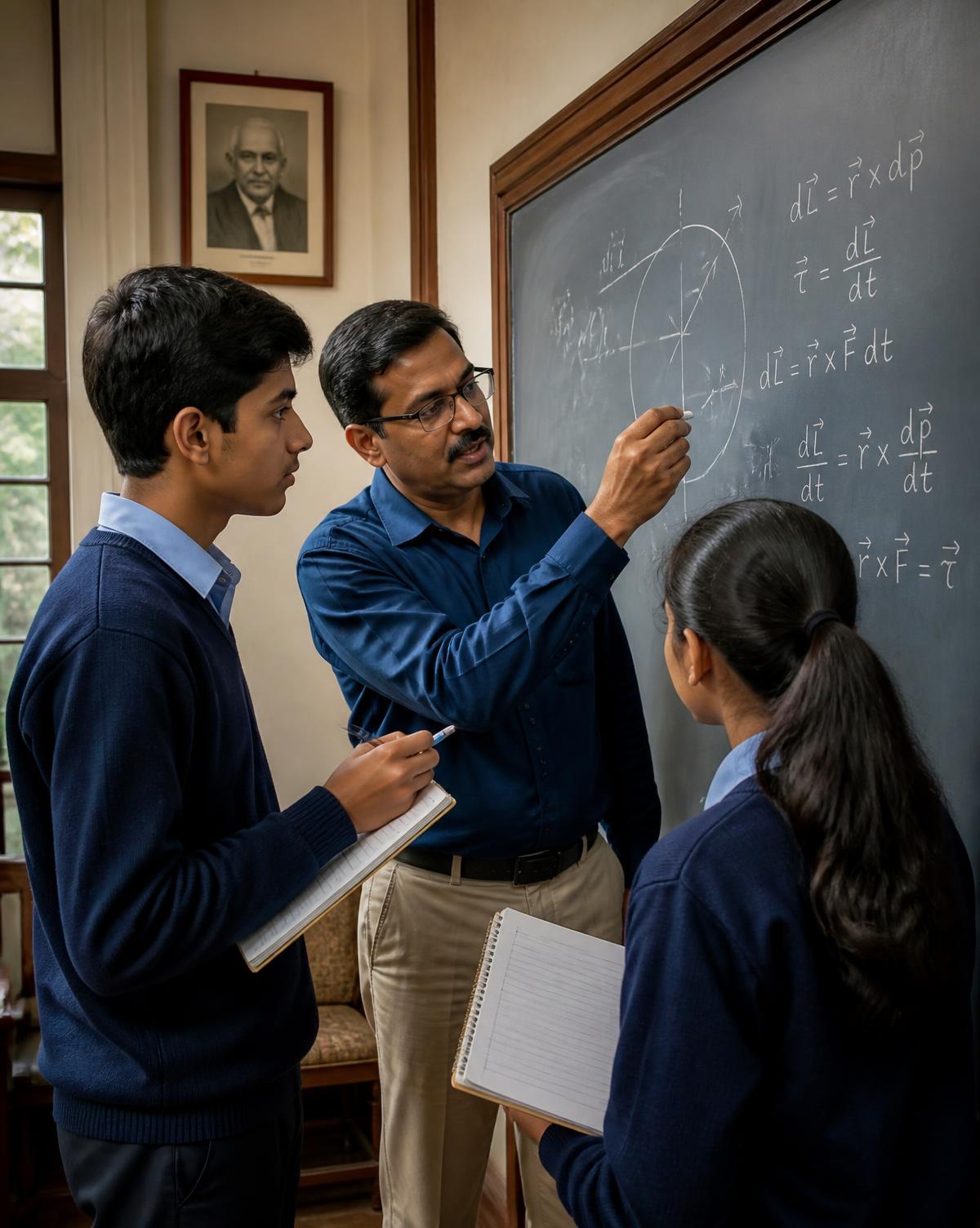 Science educator explaining conceptual physics problems to students