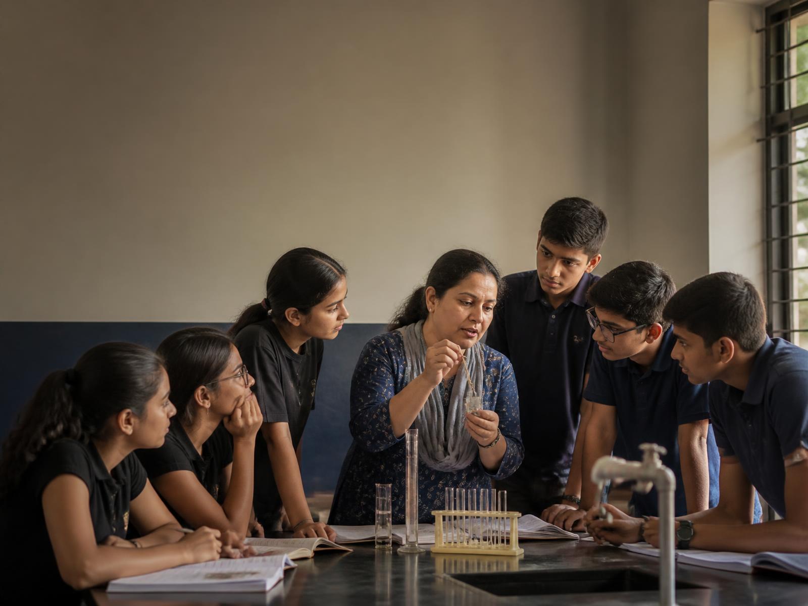 Focused science teacher leading a small-batch demonstration at Joshi's Academy in Kharadi